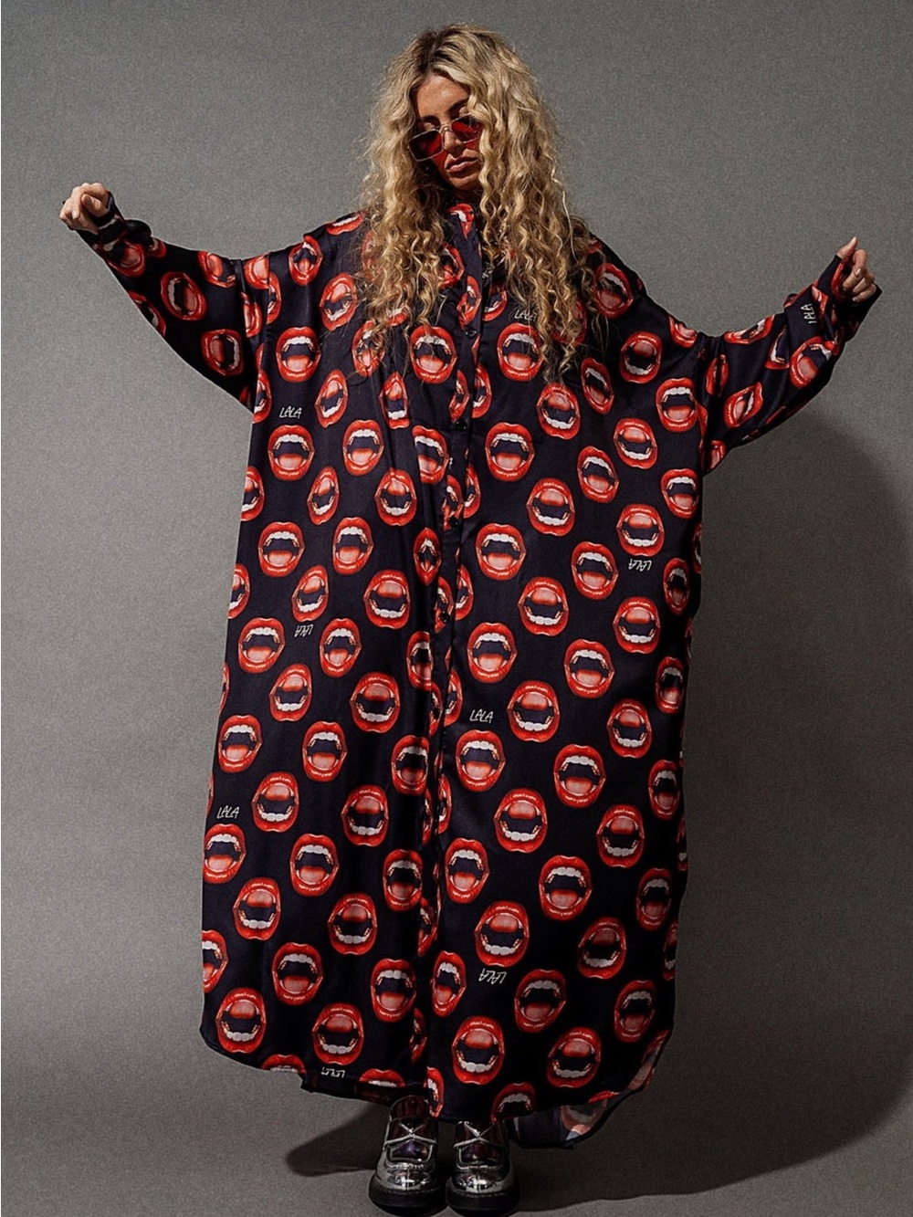 Dressed in LALA Black Maxi Shirt Dress with Bold Red Lip Motif